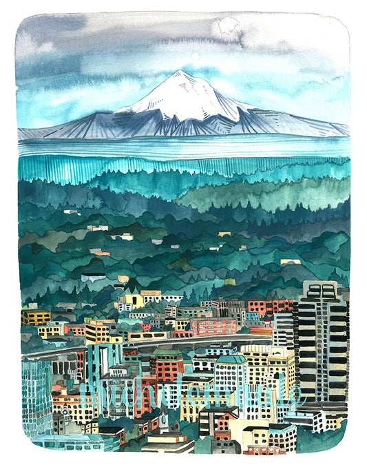 Portland, Oregon Landscape Print with Mt Hood - 8x10 Print