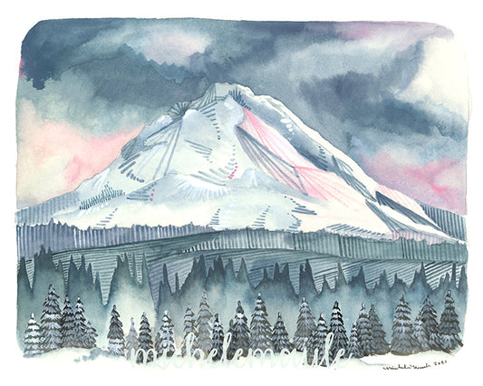 Mountain Illustration Art Print - Mt Hood in Pinks and Blues
