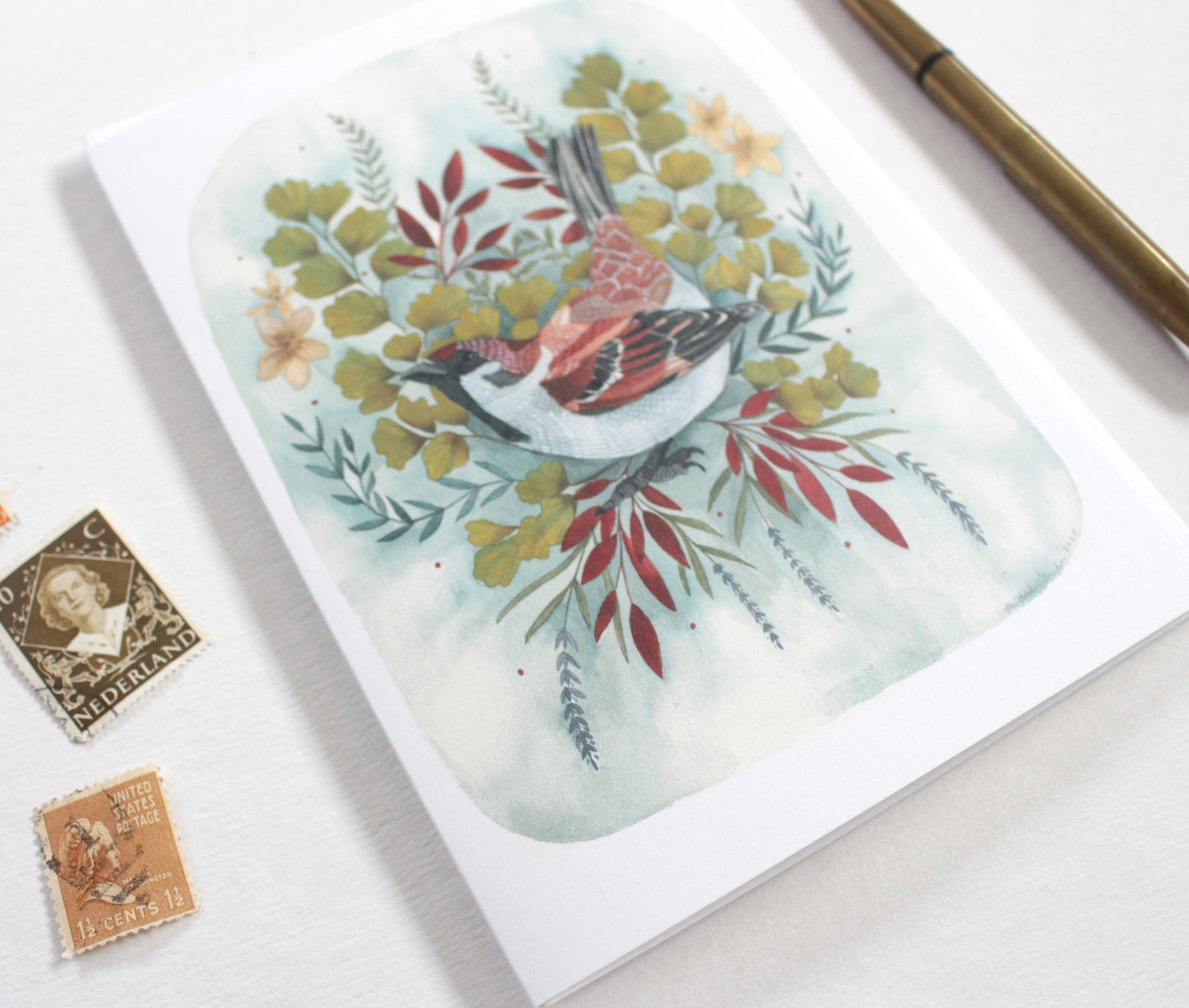 Hand-Illustrated Bird Card with Floral Elements - Brown Sparrow