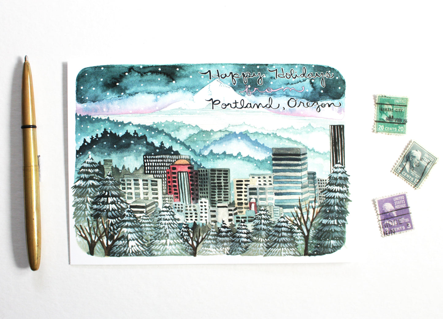 Portland Oregon Holiday Card: City Skyline Illustration