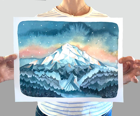 Illustrated Mt Hood Sunrise Print - 11x14"
