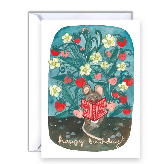 Hand Illustrated Blank Birthday Card - Little Mouse Reading a book