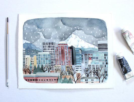 Original Hand Drawn Painting of Downtown Portland Oregon