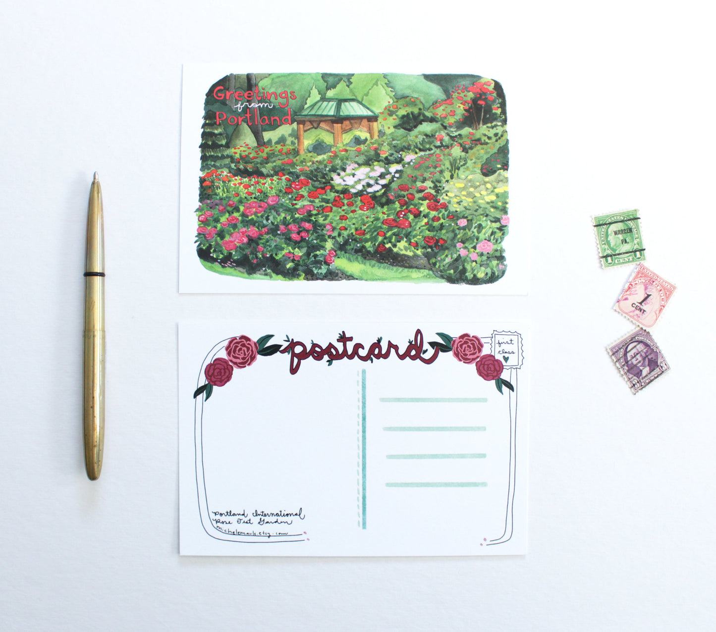Portland International Rose Test Garden Illustrated Postcard