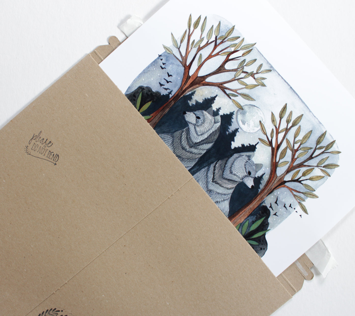 Hand Drawn and Painted Art Print - Full Moon Wolves