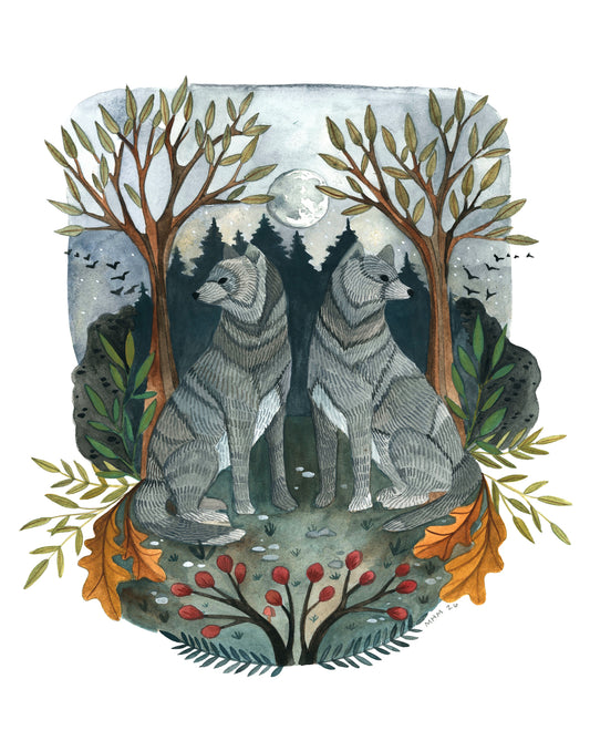 Two Hand Painted Grey Wolves Under a Full Moon 8x10 Art Print