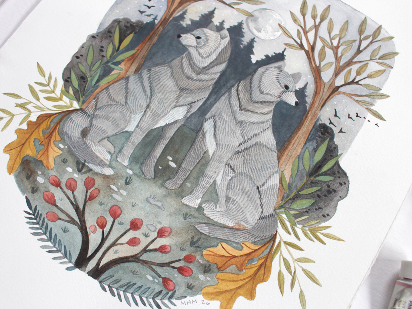 Original Wolf Painting - Full Moon Twins