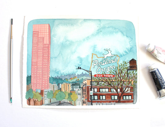 Original Portland Oregon Watercolor Painting - Big Pinkrt
