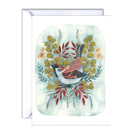 Hand-Illustrated Bird Card with Floral Elements - Brown Sparrow