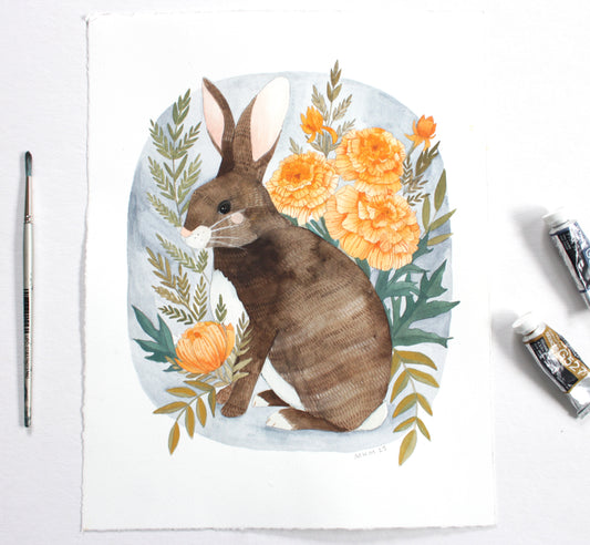 Original Gouache Nature Painting Rabbit Among Marigolds
