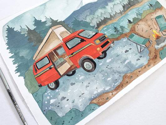 Original Gouache Painting on Paper - Orange Camper Van