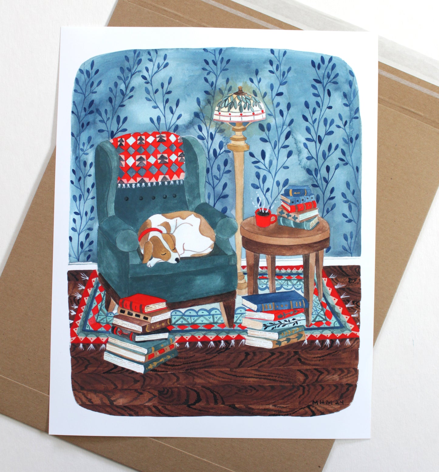 Illustration Art Print of a Cozy Library Dog 8x10"
