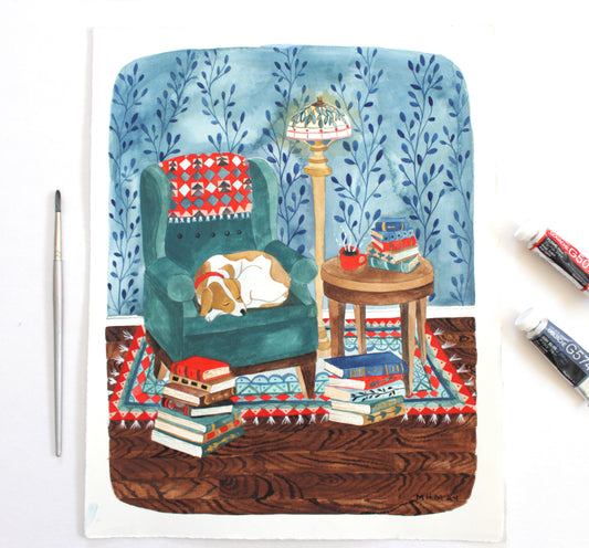 Illustration of a cozy living room with a cat on a chair, books, and a lamp.