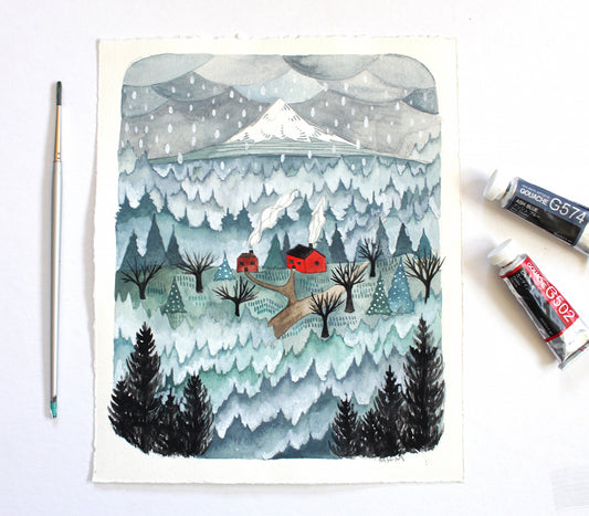 Original Northwest Watercolor Painting - Winter Neighbors