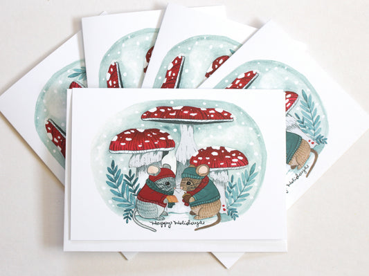 Set of Five Blank Holiday Cards - Happy Holiday Mice
