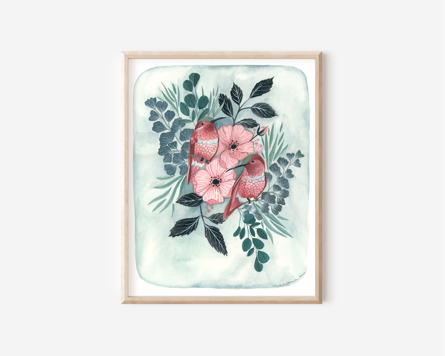 Hand Illustrated Bird Art Print - Two Hummingbirds