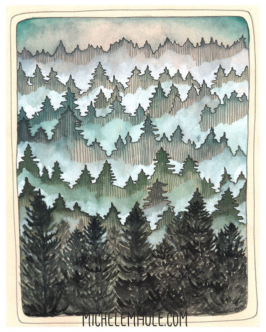 Artistic depiction of a forest with mist settled within the trees