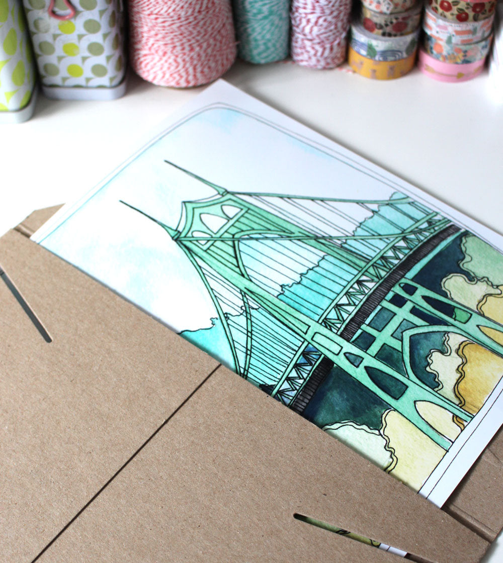Portland Oregon St Johns Bridge Hand Illustrated Art Print