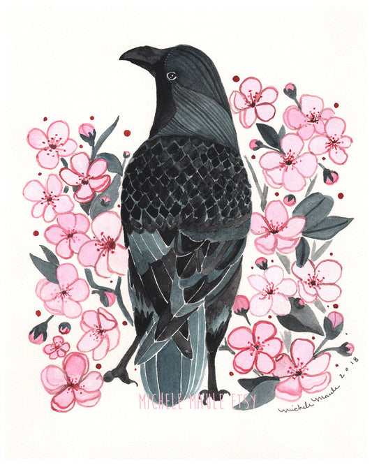 Illustration of a black bird surrounded by pink flowers on a white background