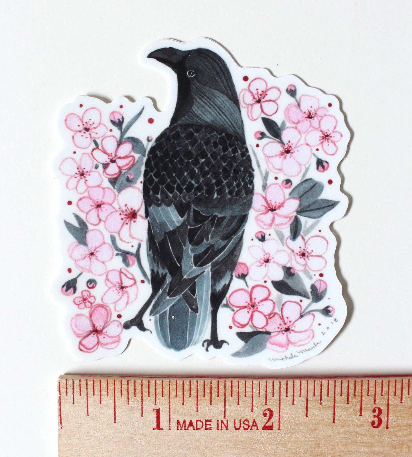 Set of Three Illustrated Crow and Blossoms Vinyl Stickers