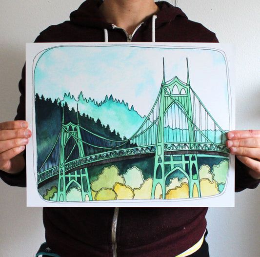 Portland Oregon St Johns Bridge Hand Illustrated Art Print