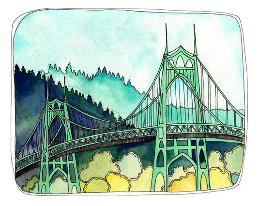 Artistic illustration of the St Johns Bridge using blues and green tones.