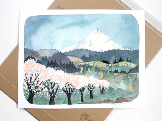 Art print with a watercolor illustration of Mt Hood with blooming cherry tress