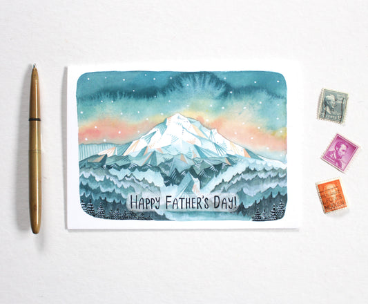 Hand painted greeting card with mountain design and 'Happy Father's Day!' text,