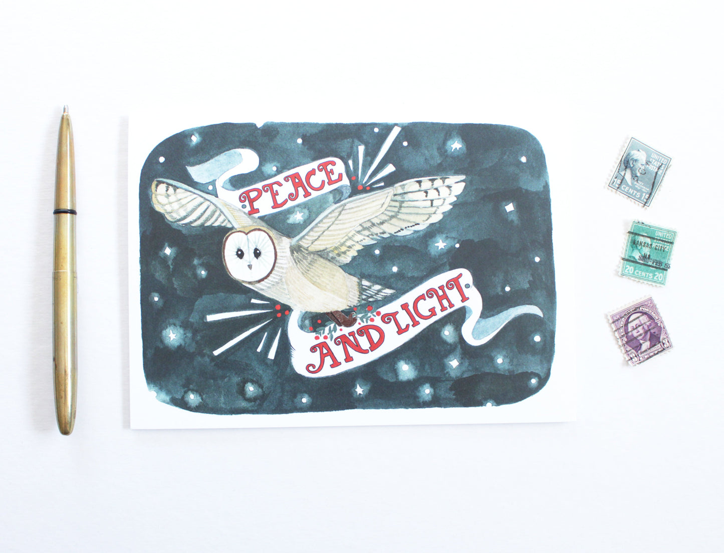 Hand Drawn Blank Illustrated Owl Holiday Card - Peace and Light