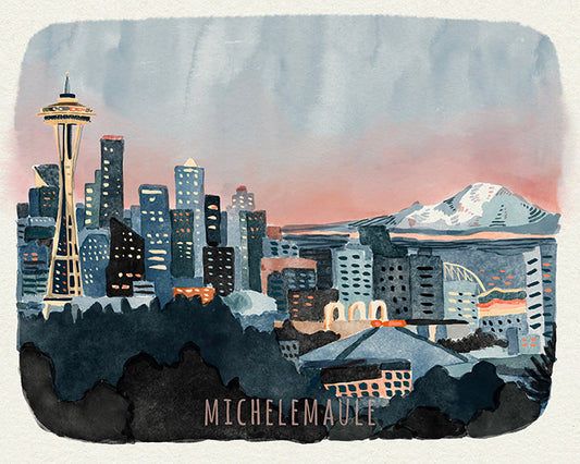 Seattle Skyline Art Print: Illustrated Washington State Landscape (8x10)