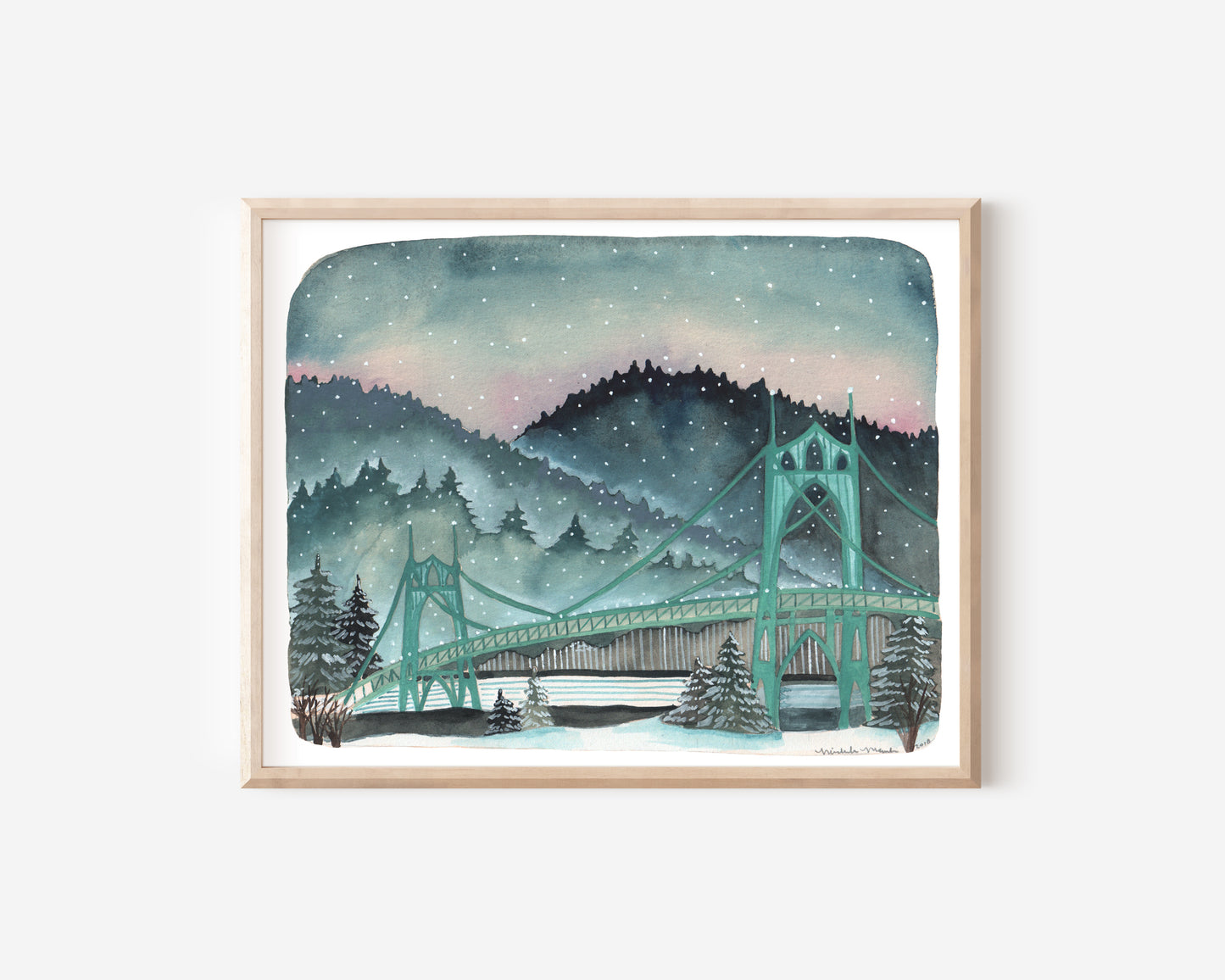 St Johns Bridge Portland, Oregon Art Illustration 11x14