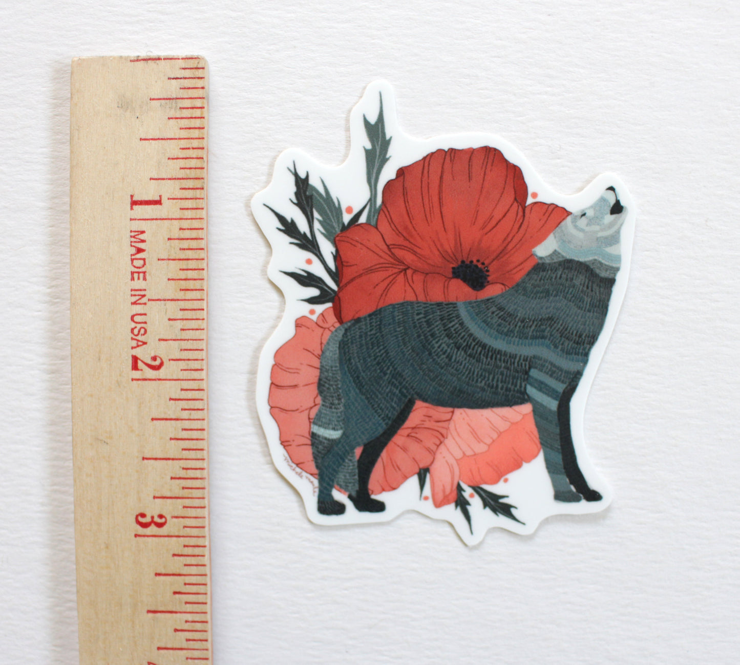 Vinyl Sticker - Grey Wolf with Poppies