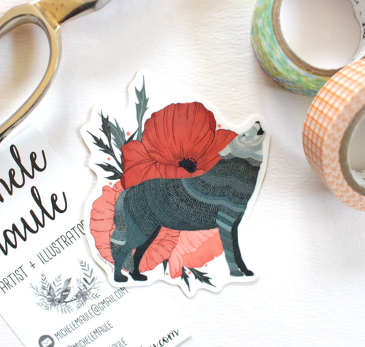 Vinyl Sticker - Grey Wolf with Poppies