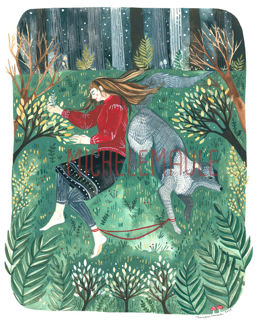 Illustrated Print of a Woman and Her Wolf Familiar