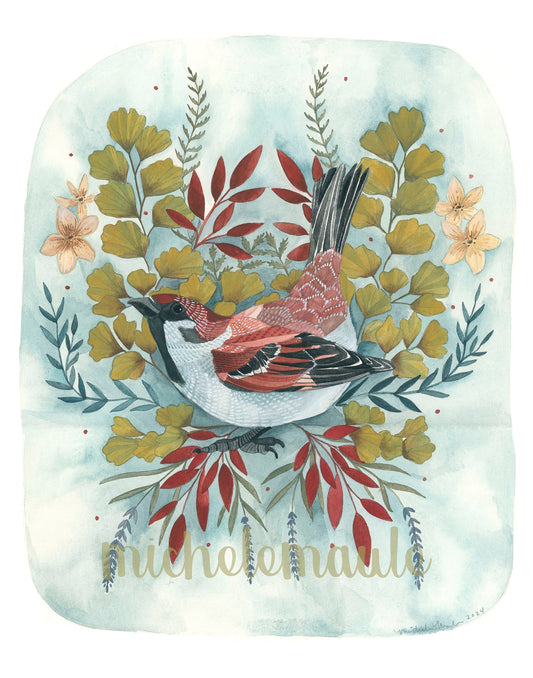 Hand Illustrated Brown Sparrow Art Print - 8x10