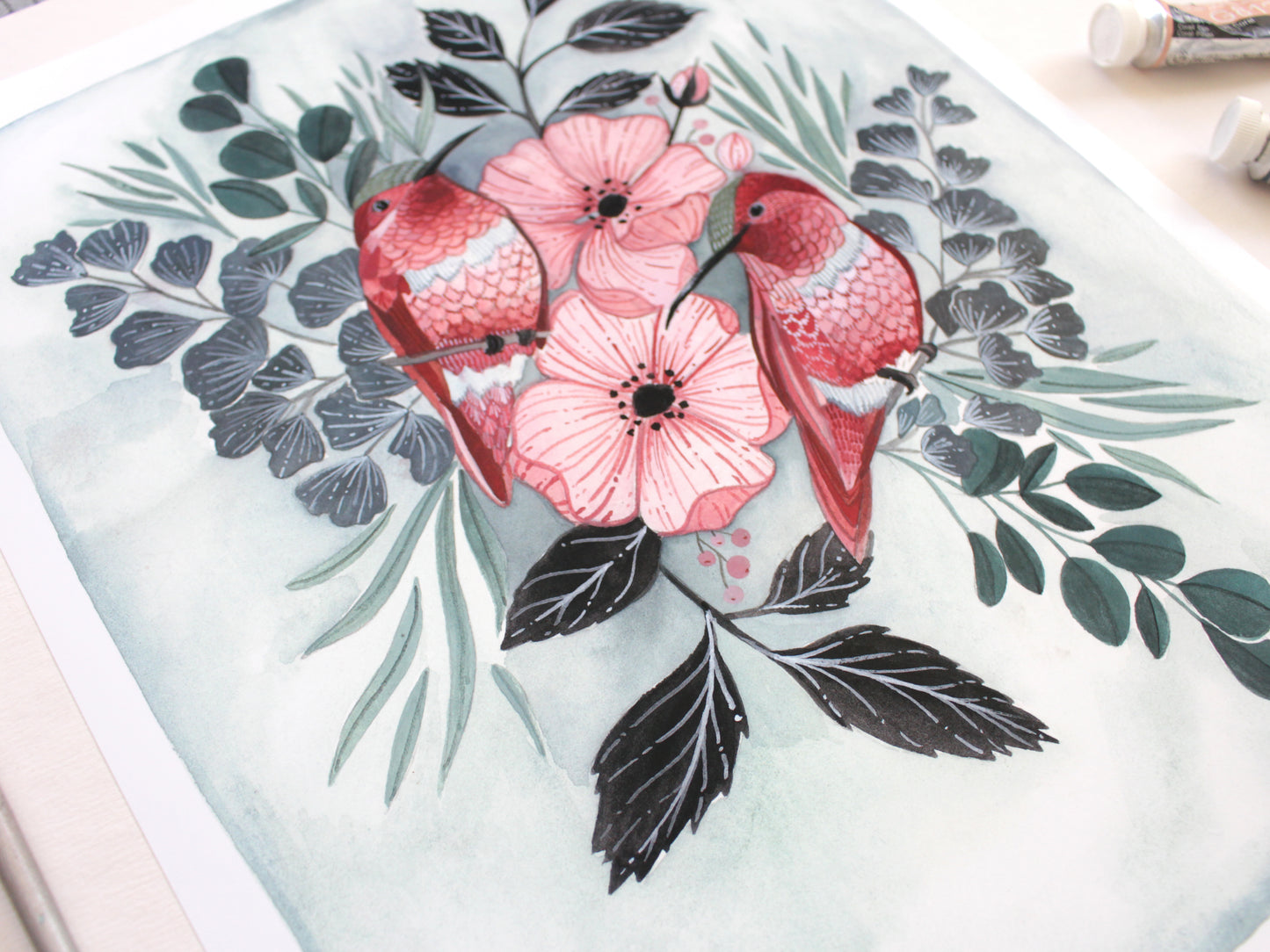 Hand Illustrated Bird Art Print - Two Hummingbirds