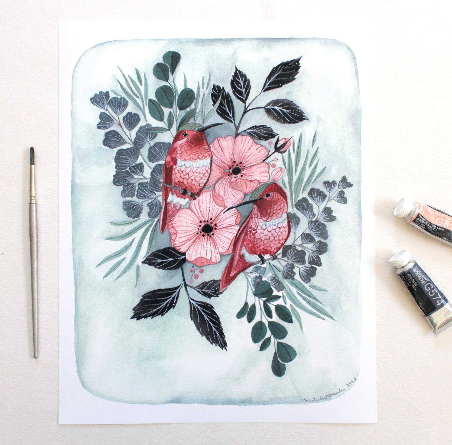 Hand Illustrated Bird Art Print - Two Hummingbirds