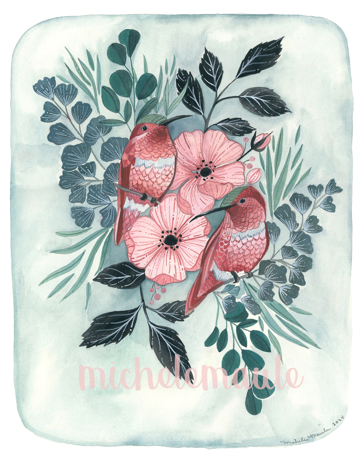 Hand Illustrated Bird Art Print - Two Hummingbirds