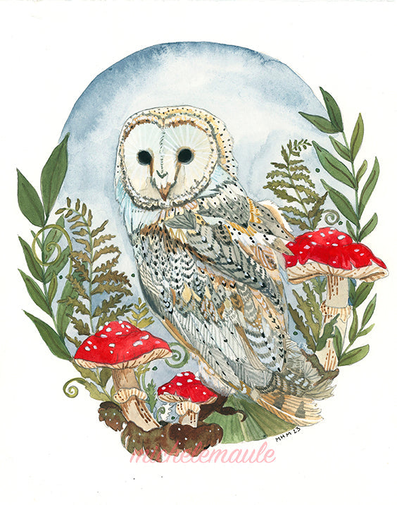 Illustrated Woodland Barn Owl Art Print - 8x10"