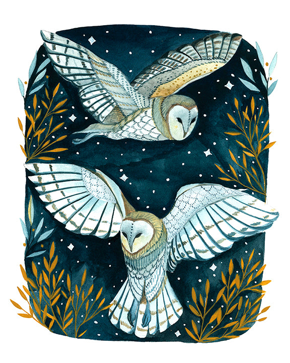 Painting of Two Winter Night White Owls 8x10 Art Print
