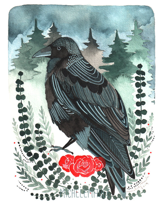 Illustrated Art Print - Crow with Roses 8x10 Print
