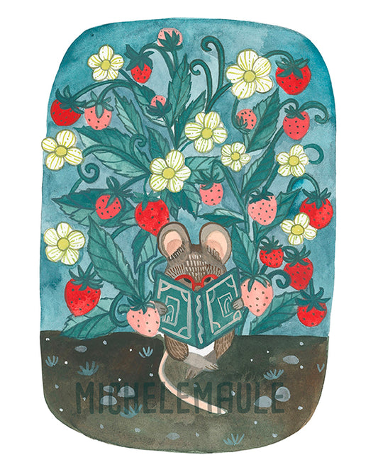 Mouse Reading a Book Under a Strawberry Patch 8x10 Print