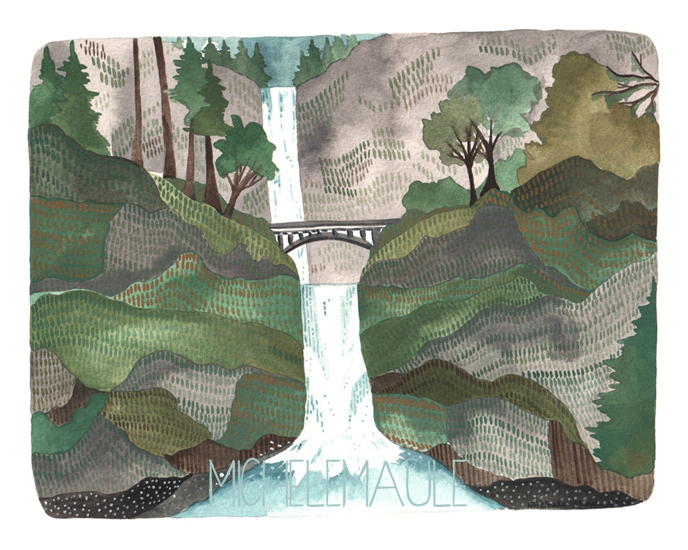Oregon's Multnomah Falls Illustrated 8x10 Print