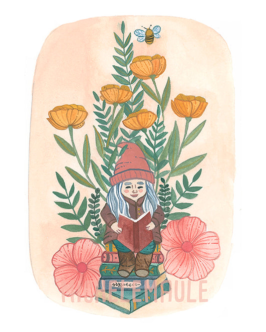 Gnome reading in a garden of poppies