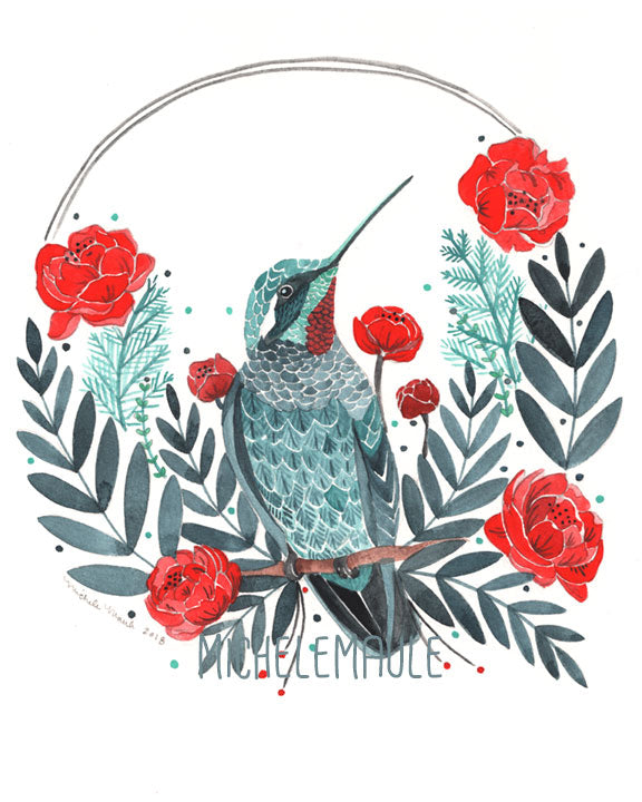 Illustrated Hummingbird Art Print 8x10"