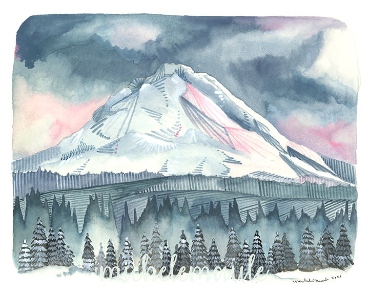Mountain Illustration Art Print - Mt Hood in Pinks and Blues
