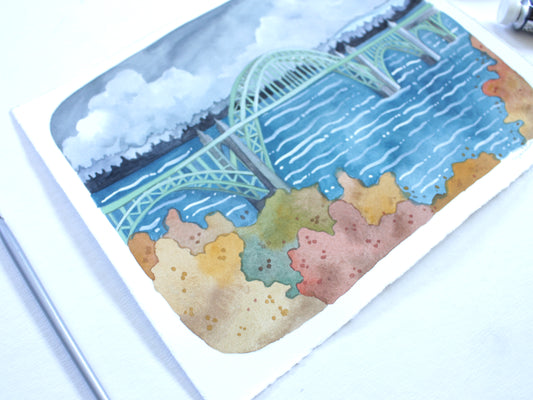 Hand Painted Illustration of Yaquina Bay Bridge - Oregon Coast