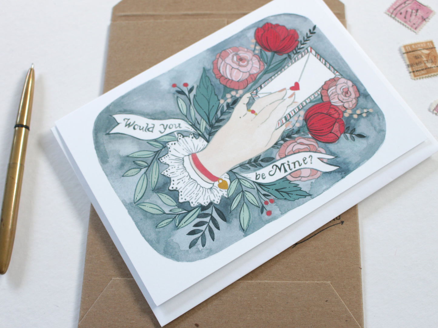 Hand Painted Blank Victorian Inspired Valentine's Day Card - Be Mine