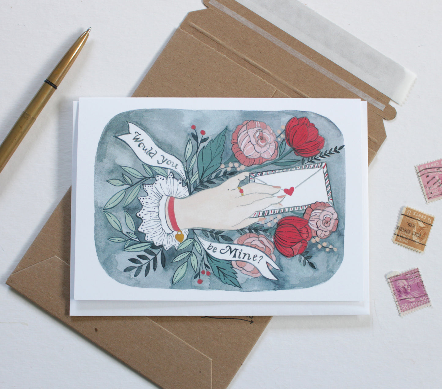 Hand Painted Blank Victorian Inspired Valentine's Day Card - Be Mine