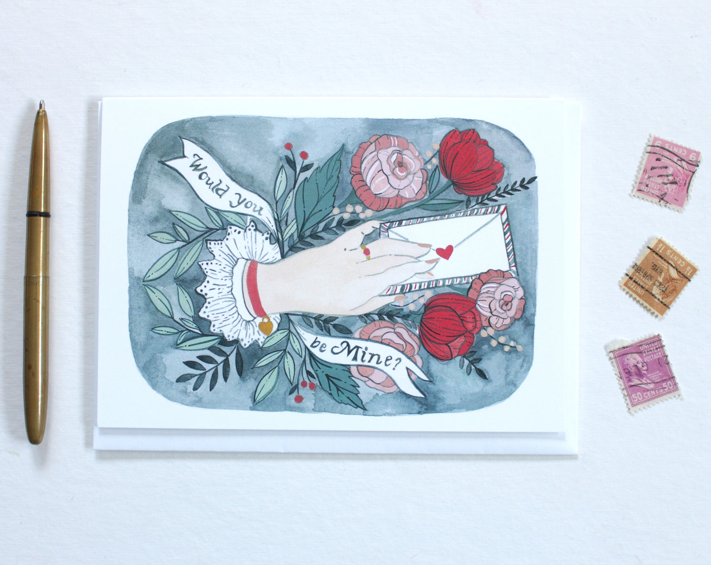 Hand Painted Blank Victorian Inspired Valentine's Day Card - Be Mine